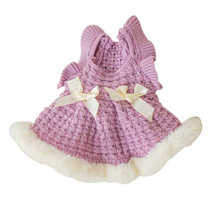 Belinana Princess Dog Sweater Dress - Plush Faux-Fur Bow