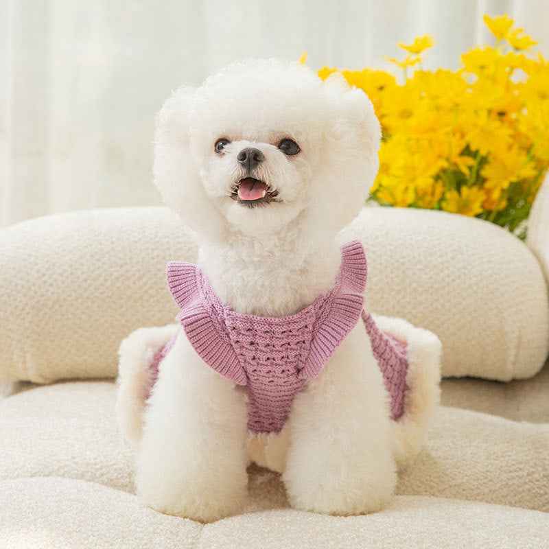 Belinana Princess Dog Sweater Dress - Plush Faux-Fur Bow