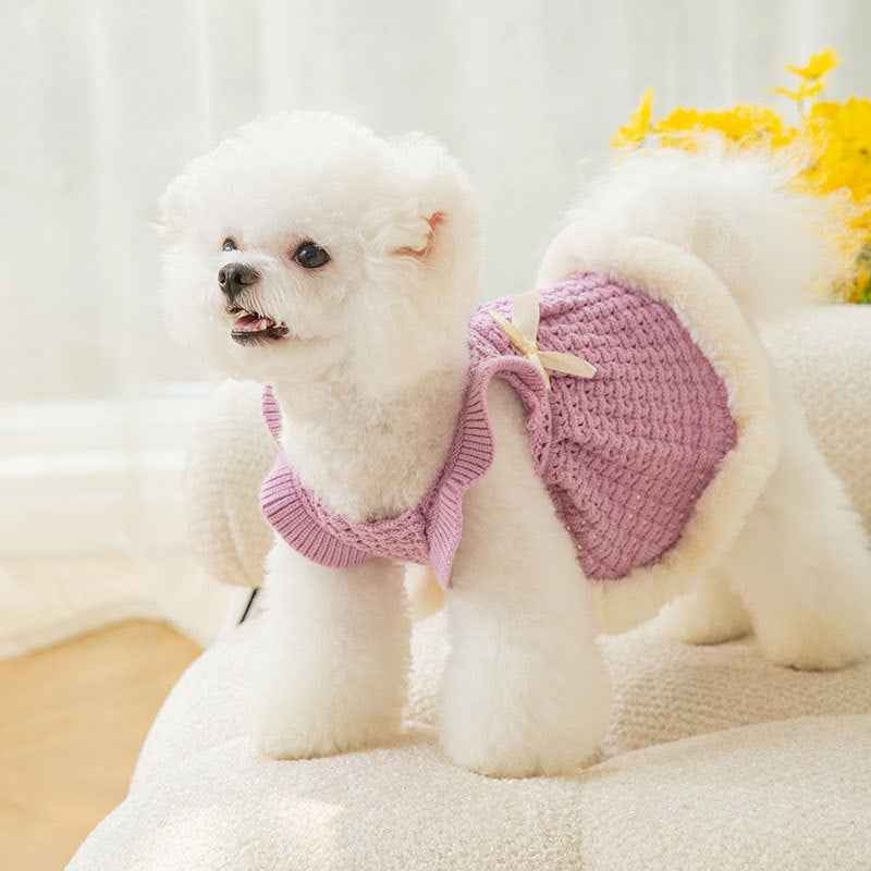 Belinana Princess Dog Sweater Dress - Plush Faux-Fur Bow