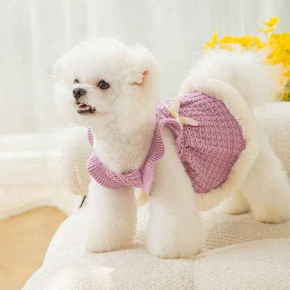 Belinana Princess Dog Sweater Dress - Plush Faux-Fur Bow
