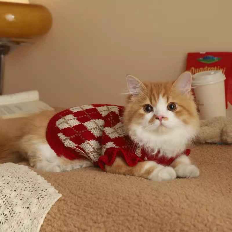 Belinana Red Argyle Cozy Knit - cute cat sweaters for winter