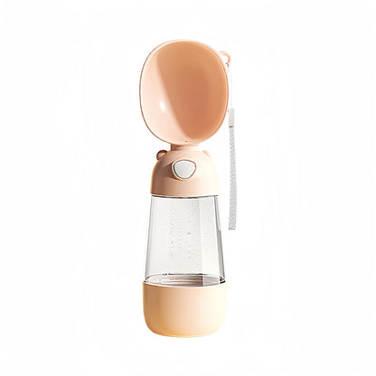 Belinana portable pet feeding bottle for walks with attached drinking bowl in peach color