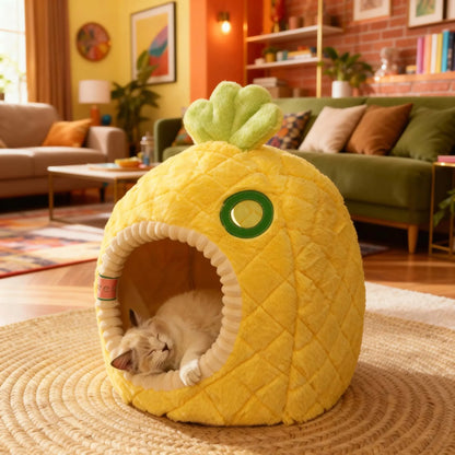 Belinana warm closed cat nest shaped like a pineapple with a cozy sleeping cat inside