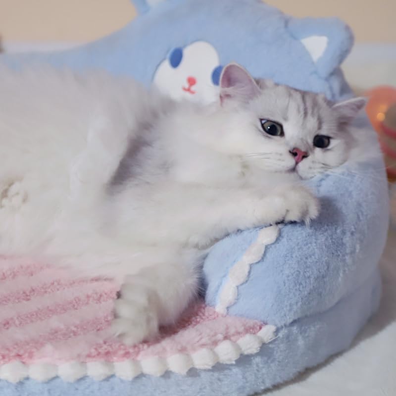 Belinana warm hug design cat bed in soft blue with pink accents for a cozy feline retreat
